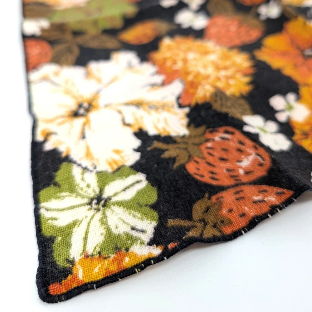 Vintage MCM Linen Napkins Set 4 70s Floral Strawberry Print Mustard Orange 15